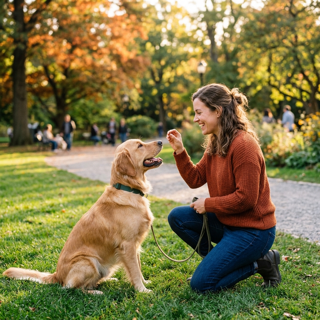 Owner happily training dog